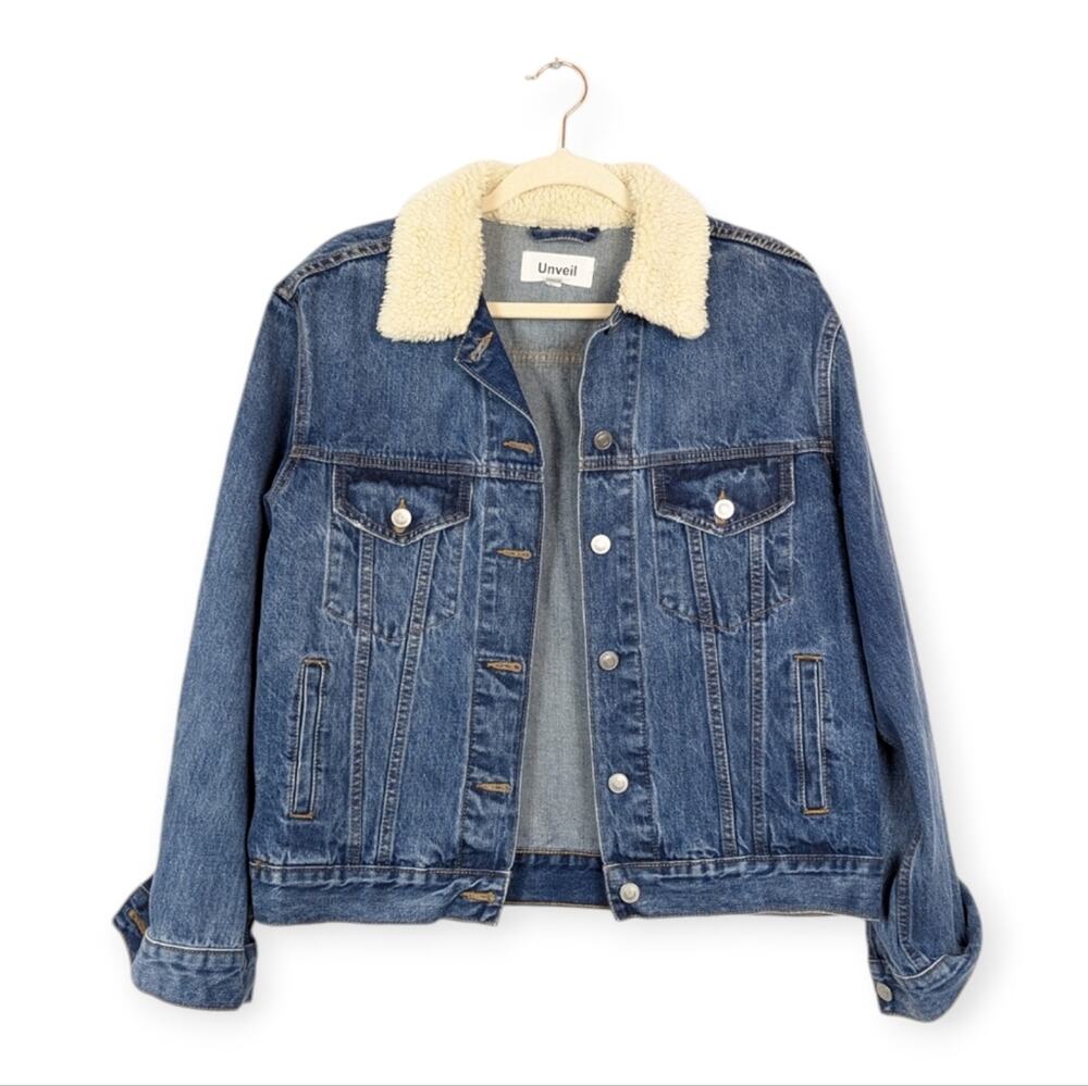 Unveil Denim Jacket L Blue Faux Fur Sherpa Collar Cozy Outerwear